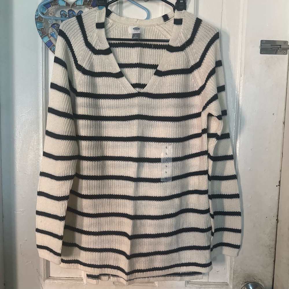 Old Navy Cream and Black Striped V-Neck Sweater